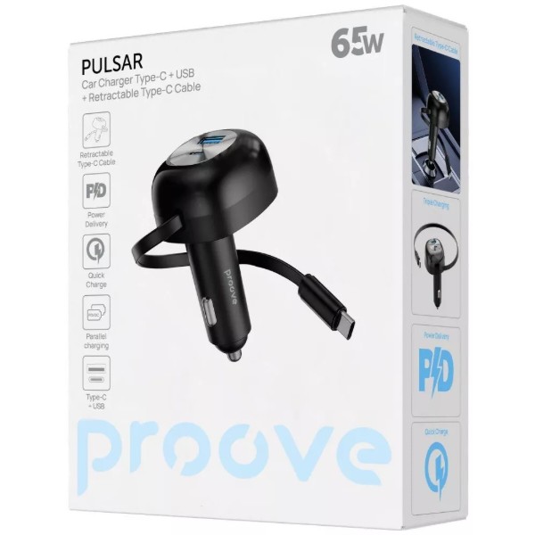 Фото - Автомобільний зарядний пристрій Proove Pulsar 65W Type-C + USB + Retractable Type-C Cable black (CCPR65110001)